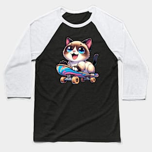 Skateboarding Siamese Kitten Skateboarder Cute Cat Baseball T-Shirt